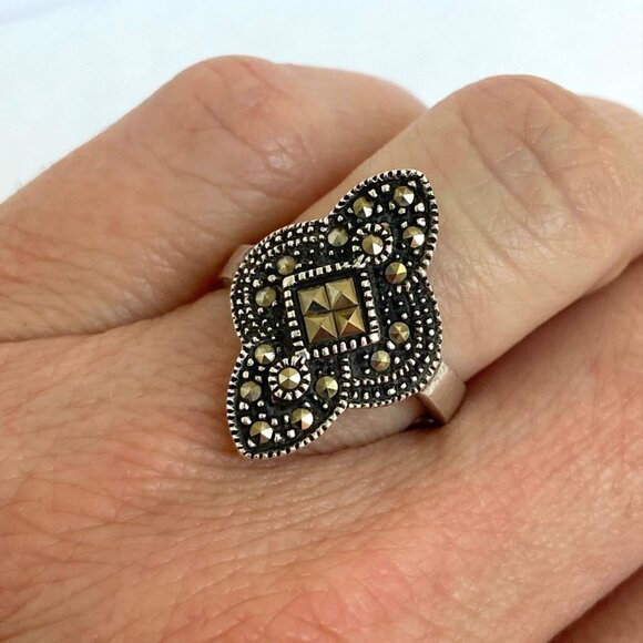 VTG Sterling Silver 925 Oxidized Art Deco Style Marcasite Band Ring Sz 6.75 - Picture 3 of 16